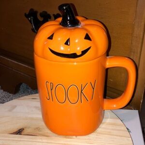 Rae Dunn Orange Pumpkin & Black Topper  'Spooky' Mug